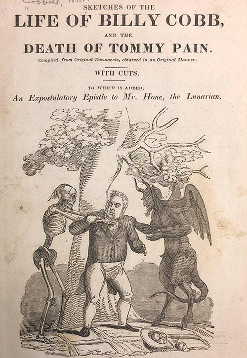 Pamphlet Cover with man being hung from a tree branch by a skeleton and a devil