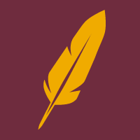 Gold writing quill on maroon background